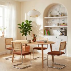 Ensemble repas table extensible ORACLE placage chêne et lot de 4 chaises ELLA velours côtelé terracotta et cannage