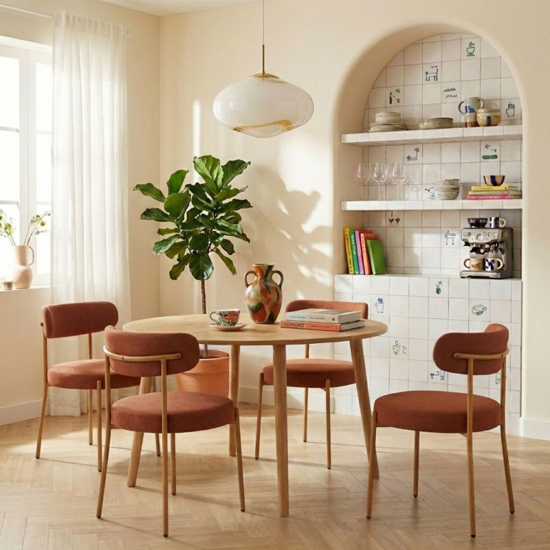 Ensemble repas table extensible ORACLE placage chêne et lot de 2 chaises NOA tissu terracotta