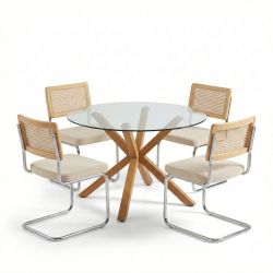 Ensemble repas table à manger ronde en verre HARRY 120cm et lot de 4 chaises ELLA velours côtelé beige et cannage