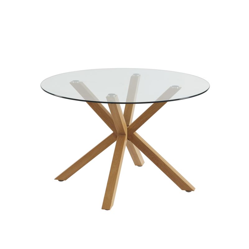 Ensemble repas table à manger ronde en verre HARRY 120cm et lot de 4 chaises ELLA velours côtelé beige et cannage