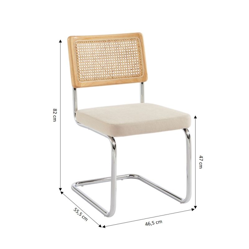 Ensemble repas table à manger ronde en verre HARRY 120cm et lot de 4 chaises ELLA velours côtelé beige et cannage