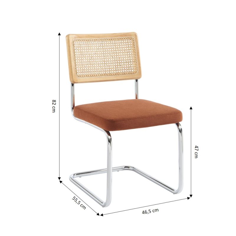 Ensemble repas table à manger ronde en verre HARRY 120 cm et lot de 4 chaises ELLA velours côtelé terracotta et cannage