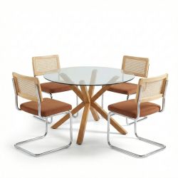 Ensemble repas table à manger ronde en verre HARRY 120 cm et lot de 4 chaises ELLA velours côtelé terracotta et cannage