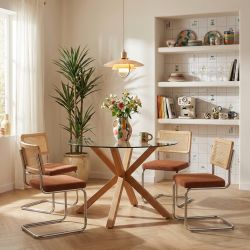 Ensemble repas table à manger ronde en verre HARRY 120 cm et lot de 4 chaises ELLA velours côtelé terracotta et cannage