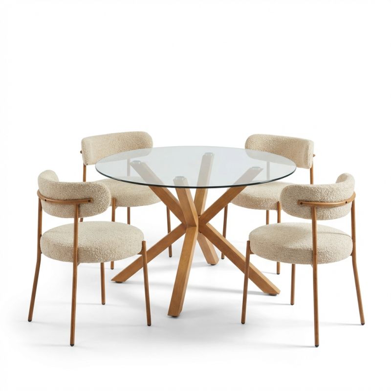 Ensemble repas table à manger ronde en verre HARRY 120 cm et lot de 4 chaises NOA tissu beige