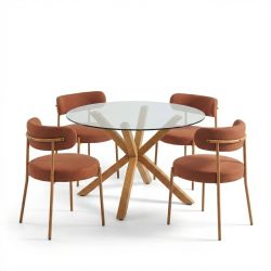 Ensemble repas table à manger ronde en verre HARRY 120 cm et lot de 4 chaises NOA tissu terracotta