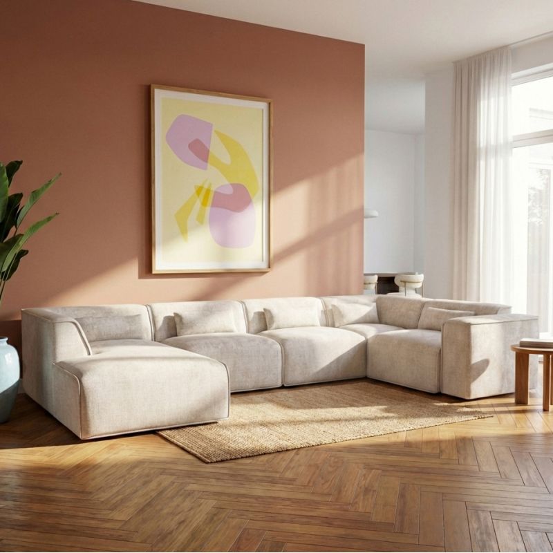 Canapé panoramique fixe NUNA 7 places chaise gauche tissu beige