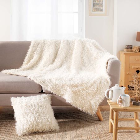 Coussin carré DOOD 45x45cm déhoussable imitation fourrure écru