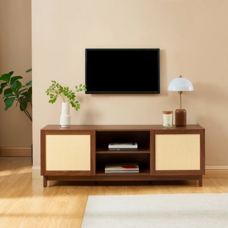 Meuble TV HARIA effet noyer et rotin 150cm