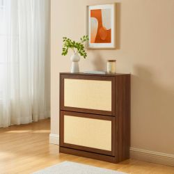 Meuble à chaussures HARIA effet noyer et rotin