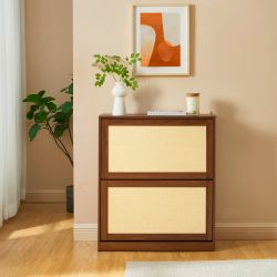 Meuble à chaussures HARIA effet noyer et rotin