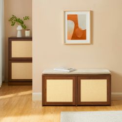 Banc à chaussures HARIA effet noyer et rotin