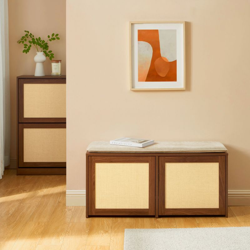 Banc à chaussures HARIA effet noyer et rotin