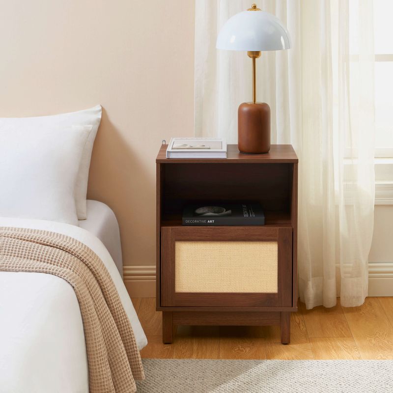 Table de chevet HARIA effet noyer et rotin