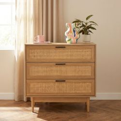 Commode AMANA 3 tiroirs effet chêne et cannage rotin 80cm