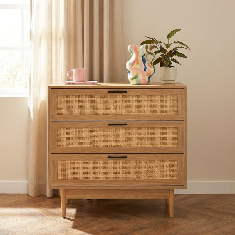 Commode AMANA 3 tiroirs effet chêne et cannage rotin 80cm