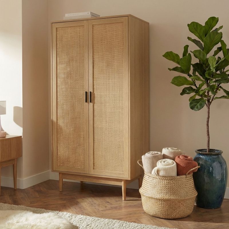 Armoire AMANA effet chêne et cannage rotin 2 portes h170cm