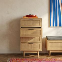 Chiffonnier AMANA 4 tiroirs effet chêne et cannage rotin 50cm