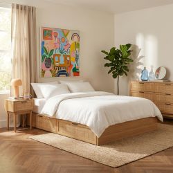 Cadre de lit à tiroirs AMANA 160x200 cannage rotin sommier inclus