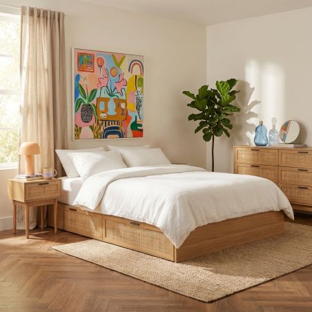 Cadre de lit à tiroirs AMANA 160x200 cannage rotin sommier inclus