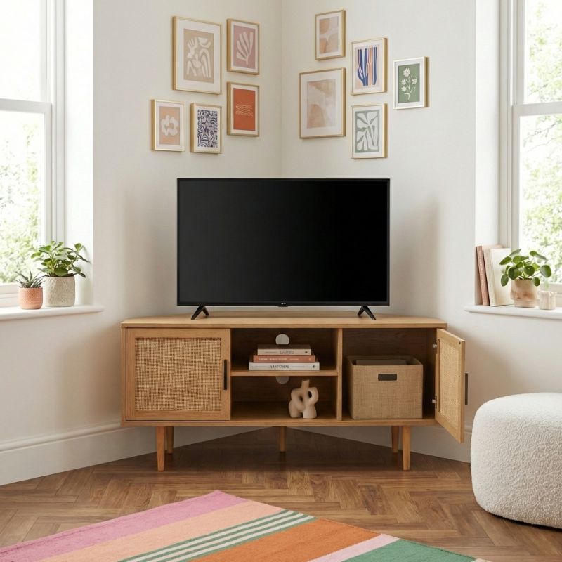 Meuble TV d'angle AMANA effet chêne et cannage rotin 115cm