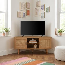 Meuble TV d'angle AMANA effet chêne et cannage rotin 115cm