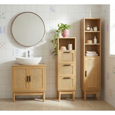 Meuble sous vasque AMANA effet chêne et cannage rotin 60cm