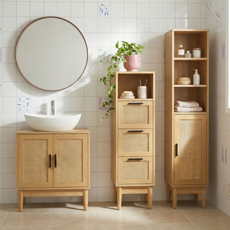 Demi colonne AMANA effet chêne et cannage rotin 30cm