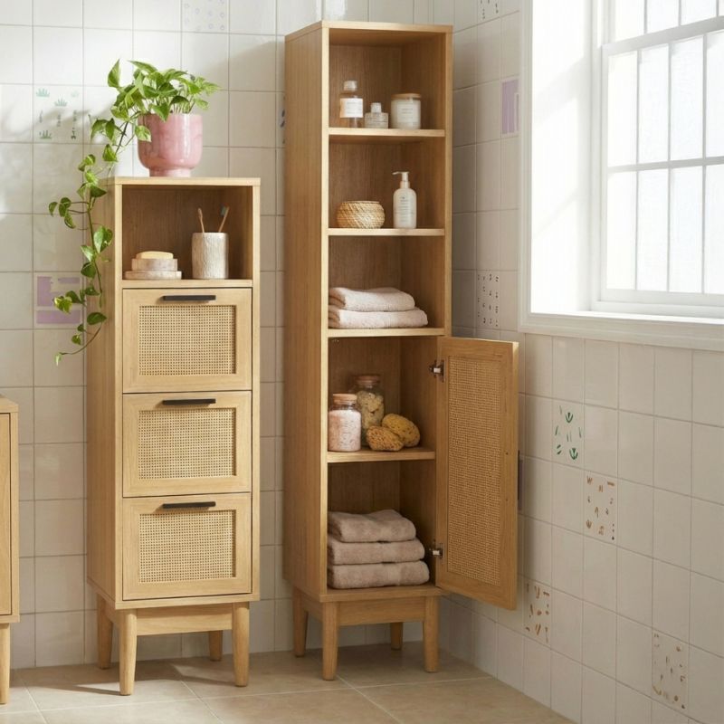 Colonne de salle de bain AMANA effet chêne et cannage rotin 30cm