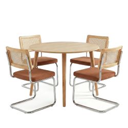 Ensemble repas table extensible ORACLE placage chêne et lot de 4 chaises ELLA velours côtelé terracotta et cannage
