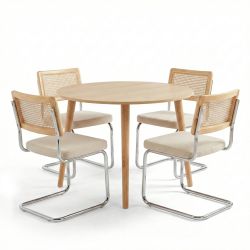 Ensemble repas table extensible ORACLE placage chêne et lot de 4 chaises ELLA velours côtelé écru et cannage