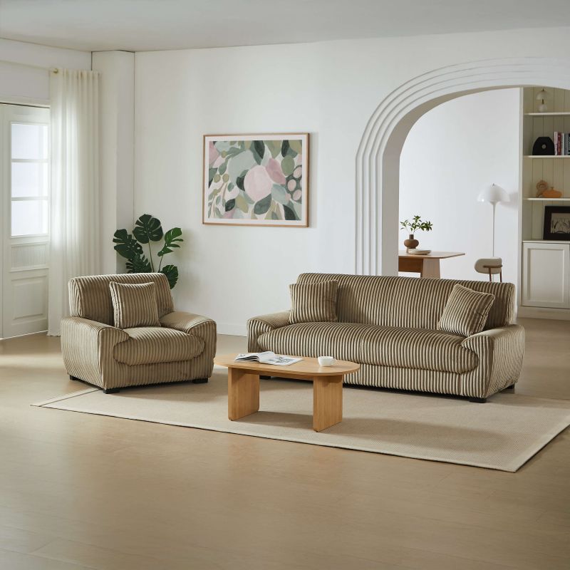 Ensemble canapé droit fixe 3 places + fauteuil 1 place ADEA velours côtelé marron