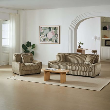 Ensemble canapé droit fixe 3 places + fauteuil 1 place ADEA velours côtelé marron