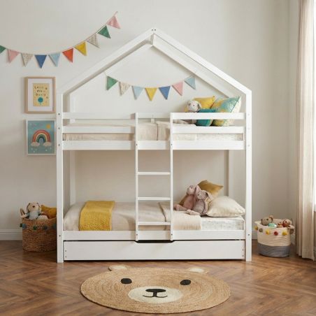 Lit cabane superposé TINY 90x190 pin blanc sommier inclus