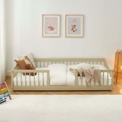 Lit enfant avec barrières EDEN pin massif beige 90x190 sommier inclus