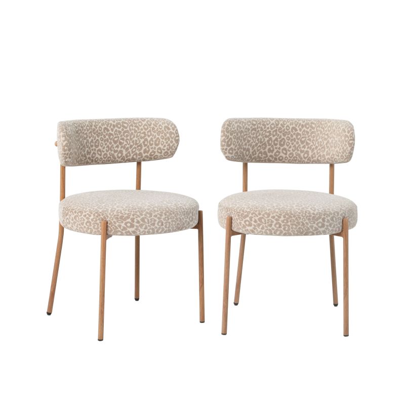 Lot de 2 chaises NOA tissu imprimé léopard beige pieds métal finition bois