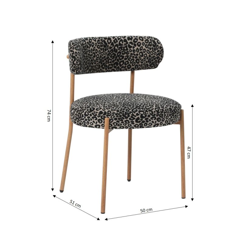 Lot de 2 chaises NOA tissu imprimé léopard noir pieds métal finition bois