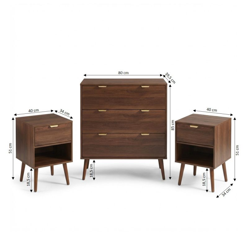 Ensemble commode et 2 tables de chevet JEANNE effet noyer