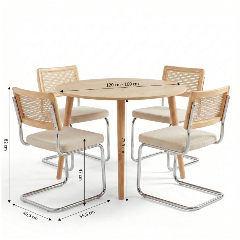 Ensemble repas table extensible ORACLE placage chêne et lot de 4 chaises ELLA velours côtelé écru et cannage