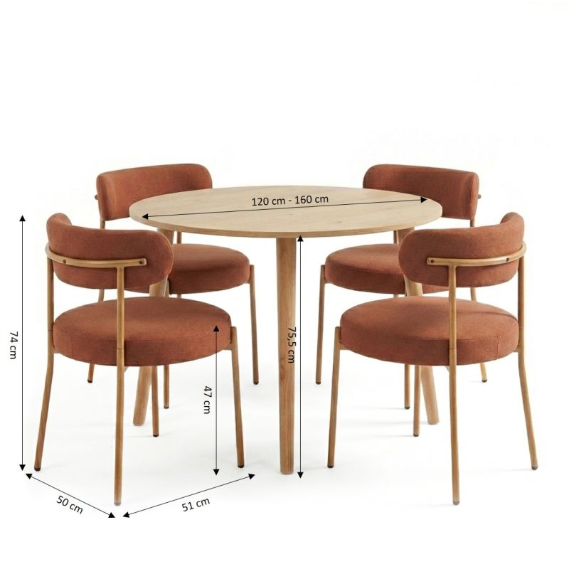 Ensemble repas table extensible ORACLE placage chêne et lot de 2 chaises NOA tissu terracotta