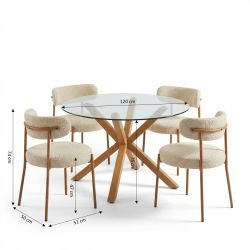 Ensemble repas table à manger ronde en verre HARRY 120 cm et lot de 4 chaises NOA tissu beige