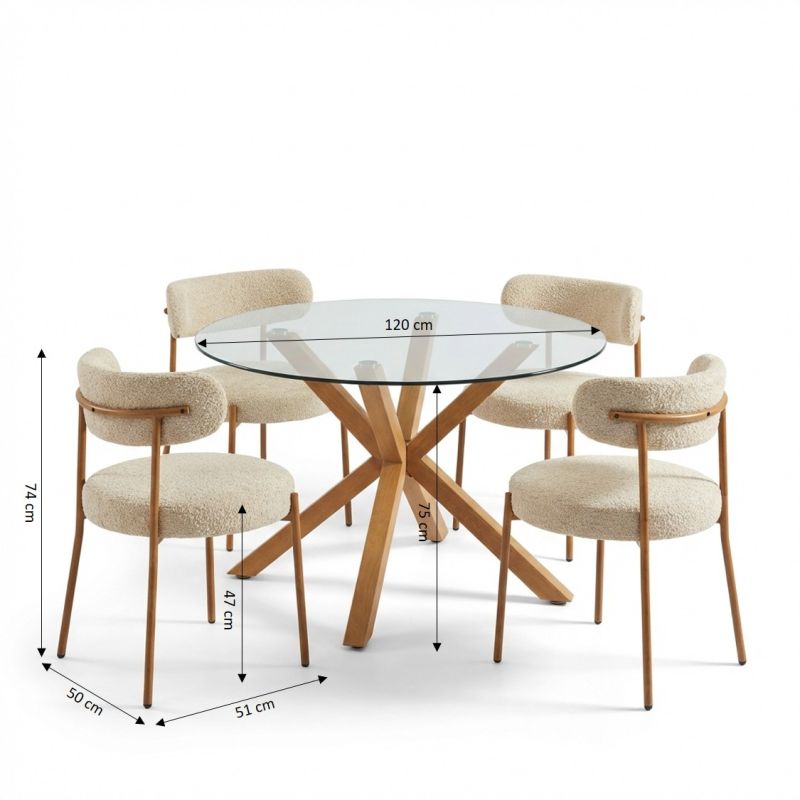 Ensemble repas table à manger ronde en verre HARRY 120 cm et lot de 4 chaises NOA tissu beige
