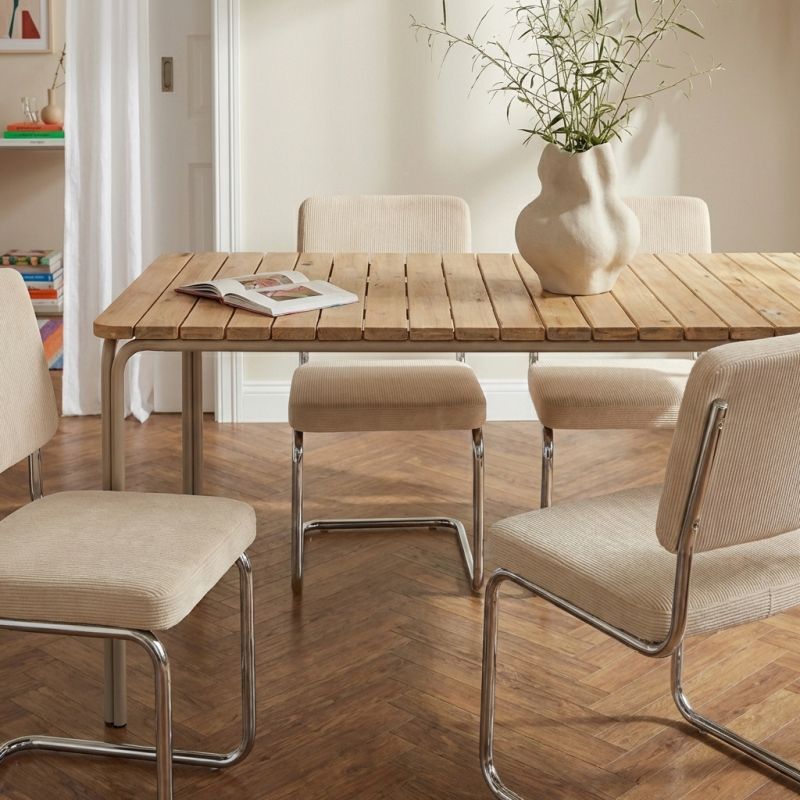 Ensemble repas table ASTI bois d'acacia FSC 160cm et lot de 4 chaises JACK velours côtelé écru