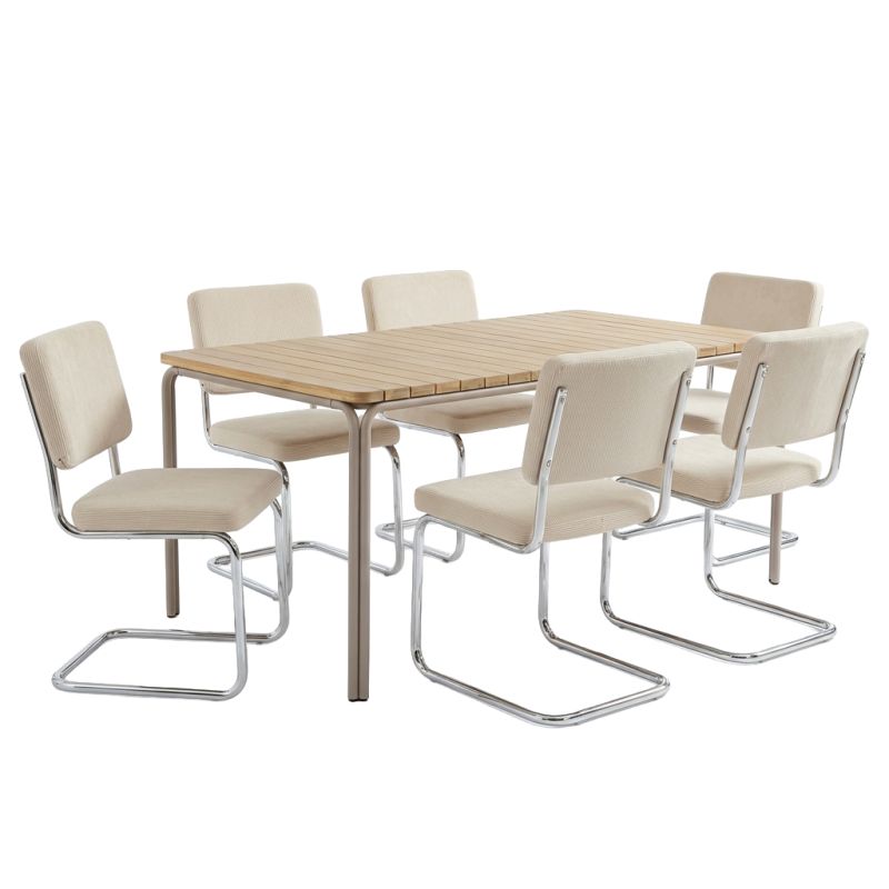 Ensemble repas table ASTI bois d'acacia FSC 200cm et lot de 6 chaises JACK velours côtelé écru