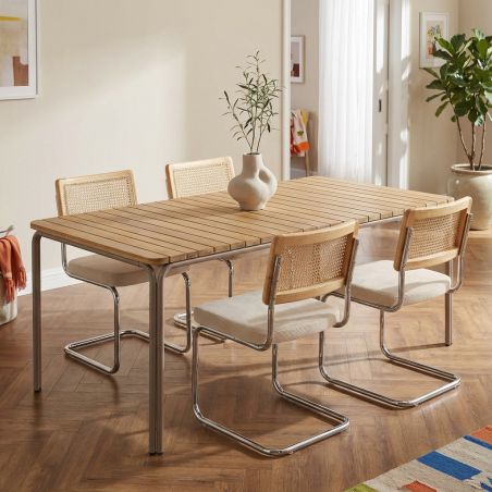 Ensemble repas table ASTI bois d'acacia FSC 160cm et lot de 4 chaises ELLA velours côtelé écru