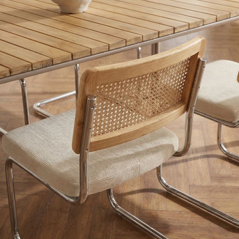 Ensemble repas table ASTI bois d'acacia FSC 200cm et lot de 6 chaises ELLA velours côtelé écru