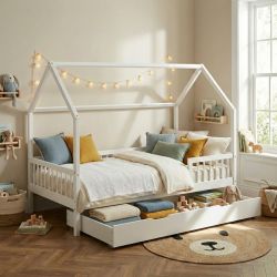 Lit cabane avec barrières TINY 90x190cm pin massif blanc sommier + tiroir inclus