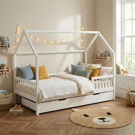 Lit cabane avec barrières TINY 90x190cm pin massif blanc sommier + tiroir inclus