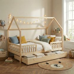 Lit cabane avec barrières TINY 90x190 pin massif sommier + tiroir inclus