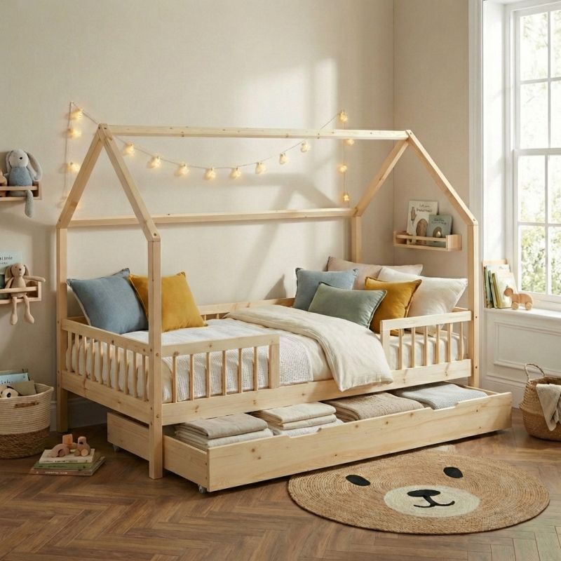 Lit cabane avec barrières TINY 90x190 pin massif sommier + tiroir inclus